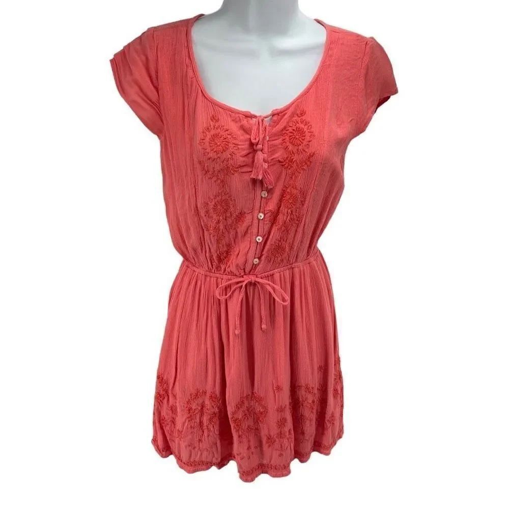 Hollister Mini Dress Floral Embroidered Button Stretch Elastic Waist coral small